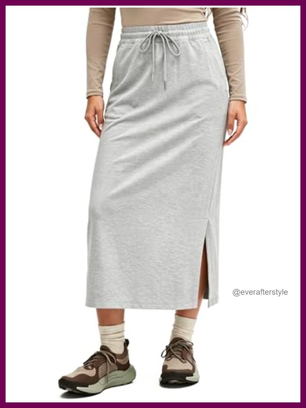 High Waisted Cotton Blend Midi Skirt with Pockets Drawstring Slit